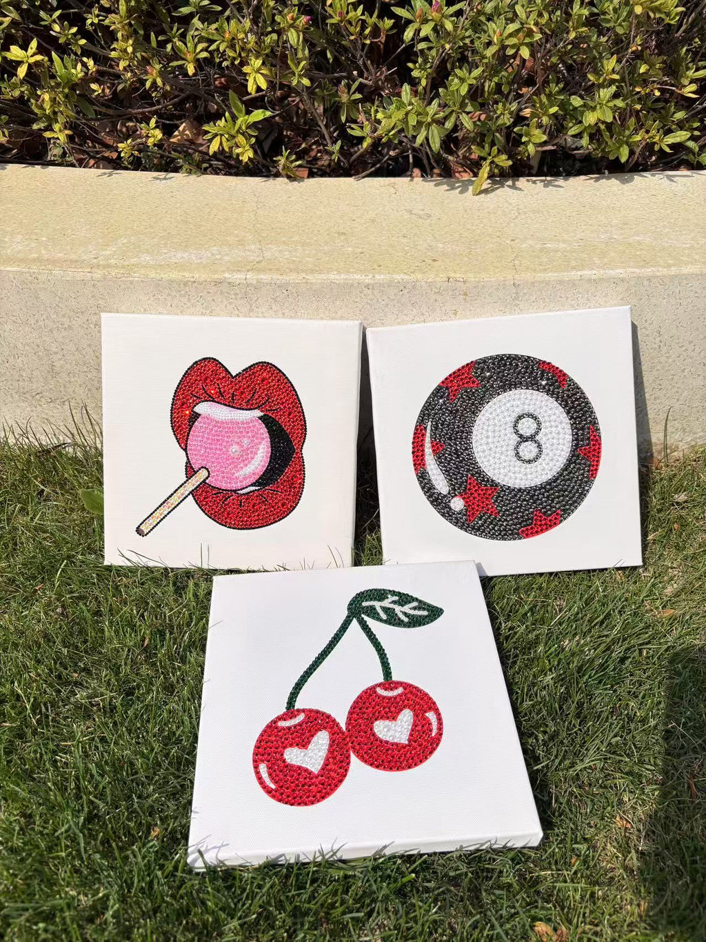 Mini DIY Rhinestone Canvas Art Kit Set (8 ball, red lip, cherry, leopard print star)