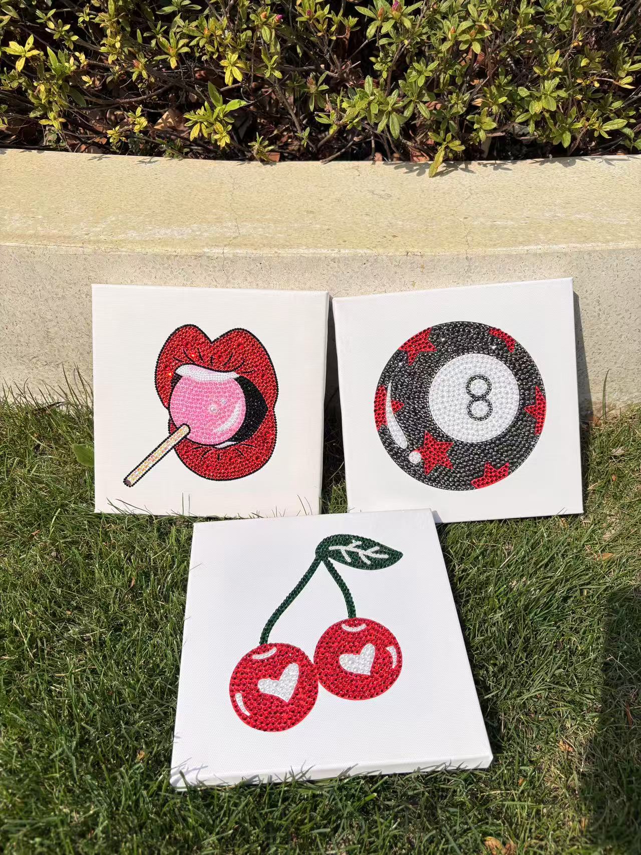 Mini DIY Rhinestone Canvas Art Kit Set (8 ball, red lip, cherry, leopard print star)